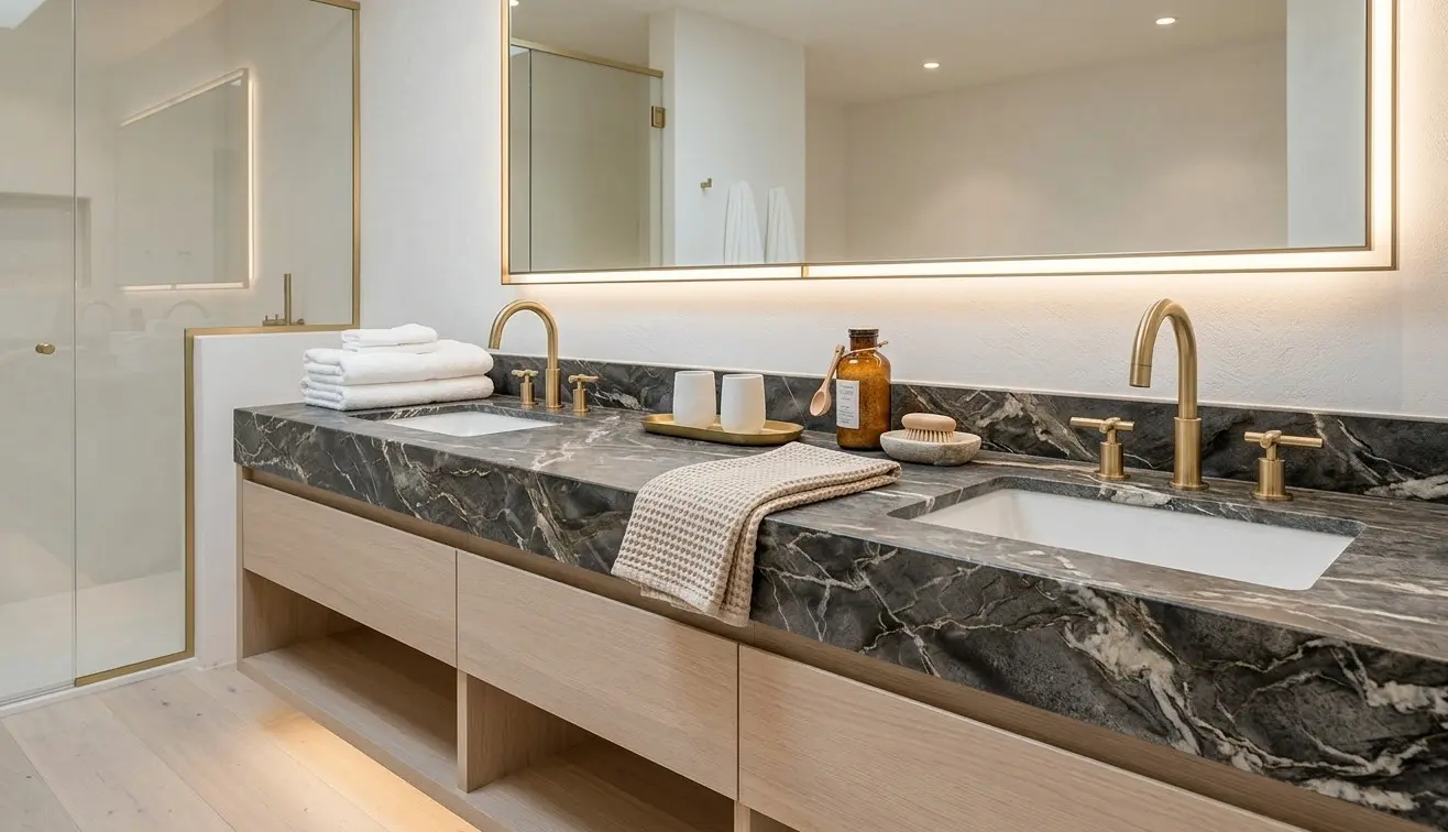Conceptual rendering of leathered travertine countertops in a spa-inspired bathroom vanity with brushed gold and warm wood cabinetry