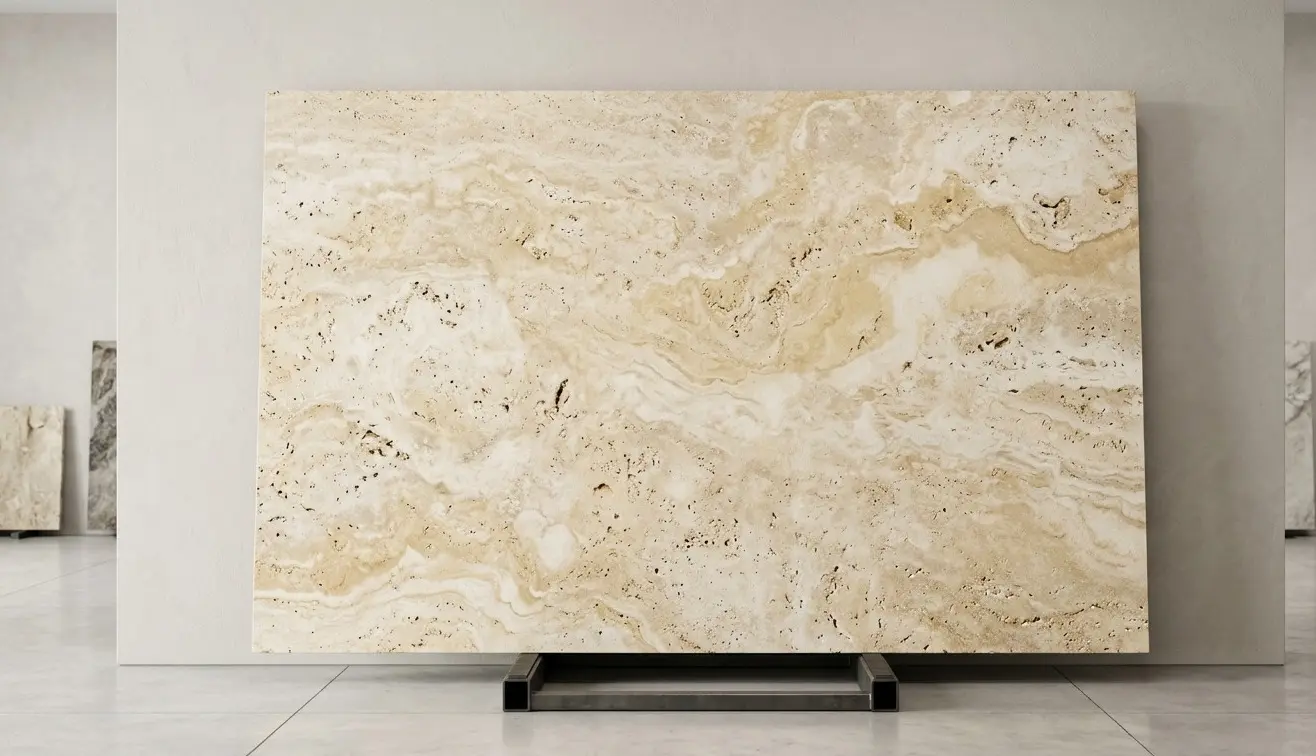 Leathered Travertine Countertops full slab at showroom scale showing warm natural pitting and cream palette