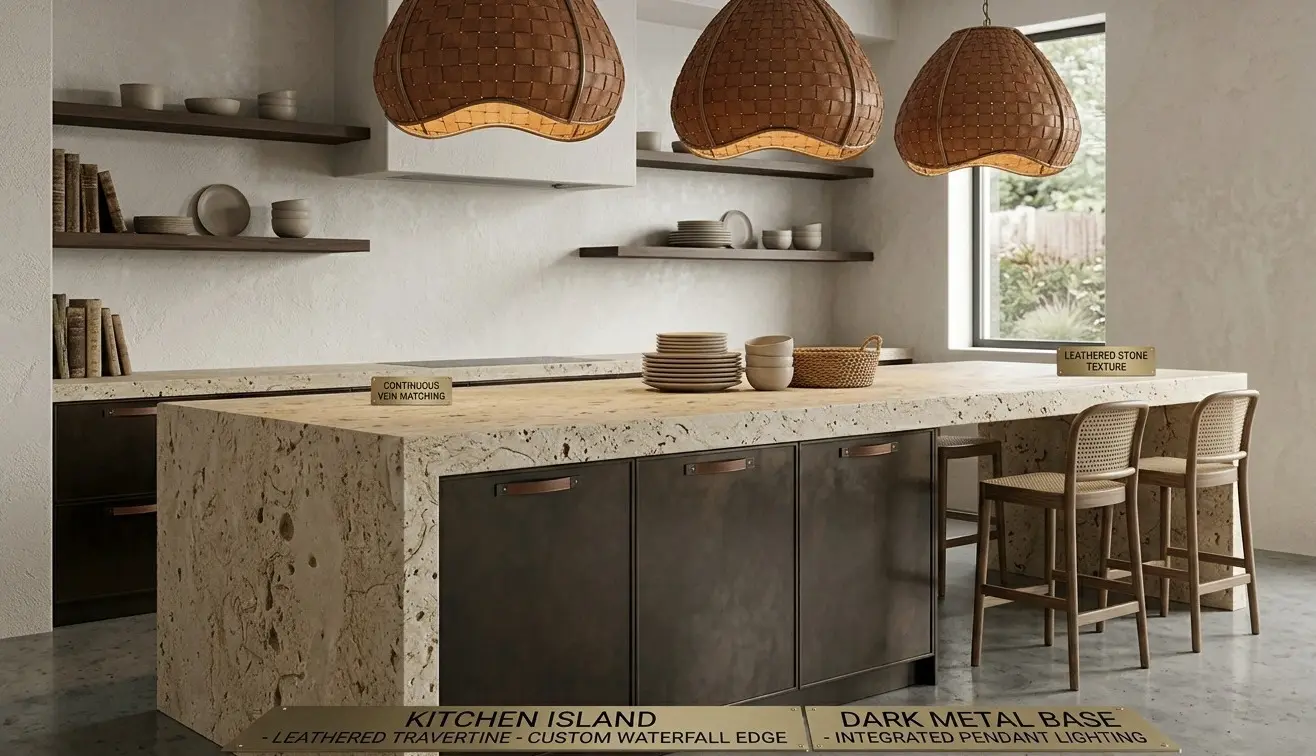 Conceptual rendering of leathered travertine countertops kitchen island waterfall with warm natural pitting and low-sheen textured finish