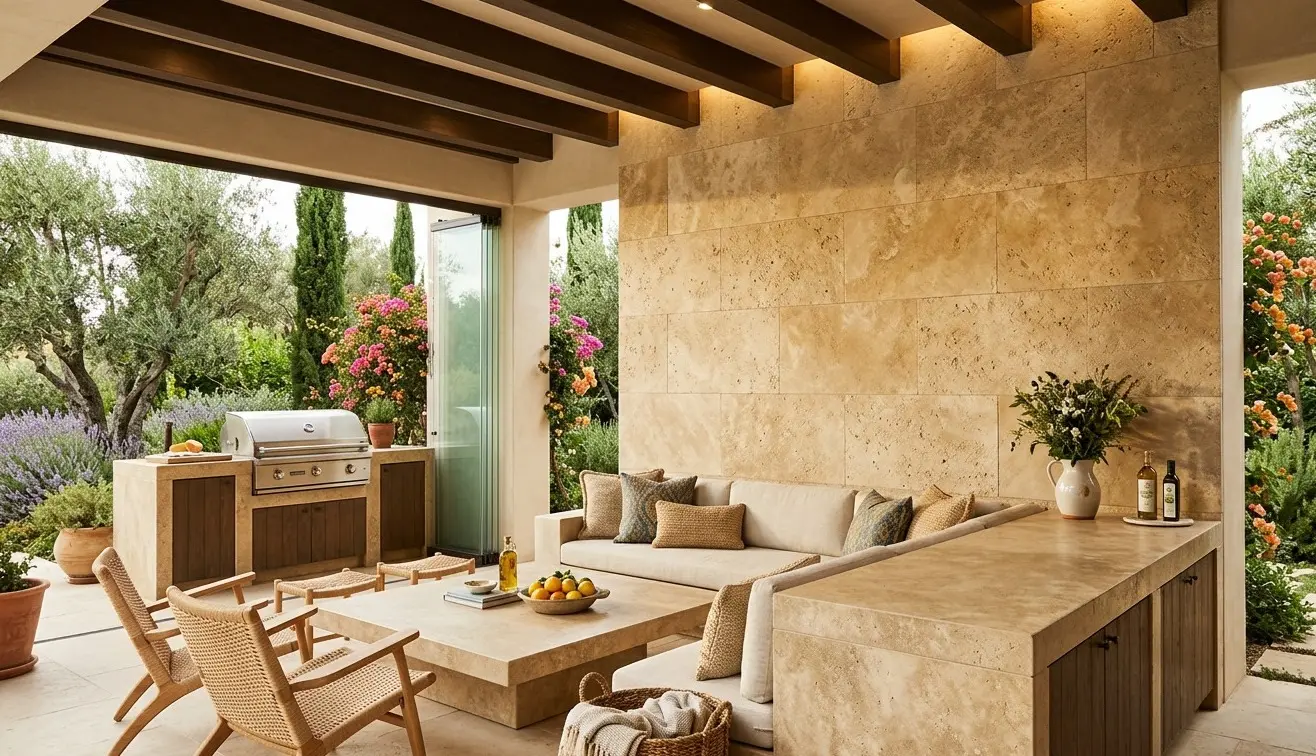Conceptual rendering of leathered travertine countertops used as outdoor surface with warm natural stone and leathered matte finish