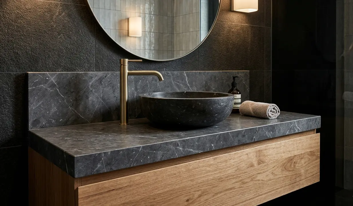 Conceptual rendering of graphite marble in bathroom vanity
