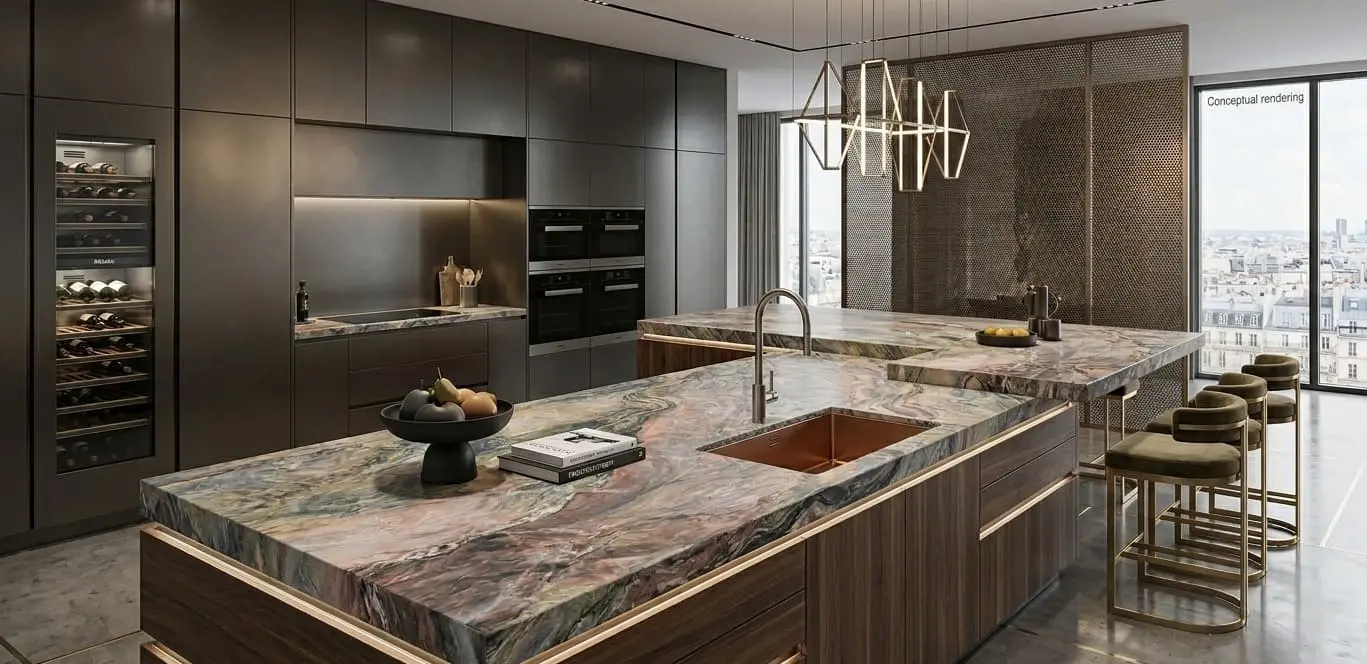 Conceptual rendering of high-end modern kitchen with dramatic quartzite countertops