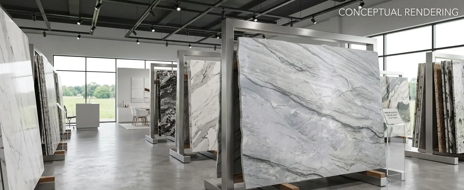 Conceptual rendering of quartzite slab at Nova Tile and Stone showroom