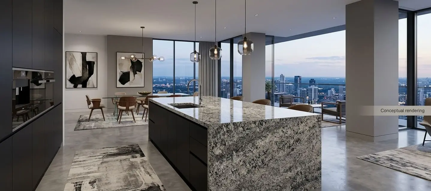 Conceptual rendering of penthouse interior with polished Granite countertops as the focal point