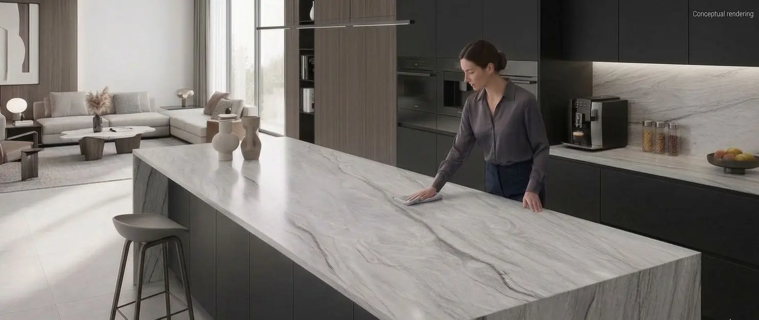 Conceptual rendering of a woman cleaning large, grey quartzite countertops in a modern kitchen