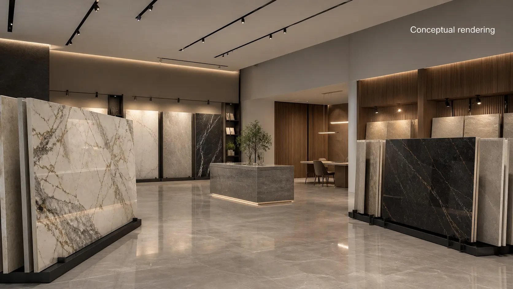 Conceptual rendering of slabs at Nova Tile and Stone showroom