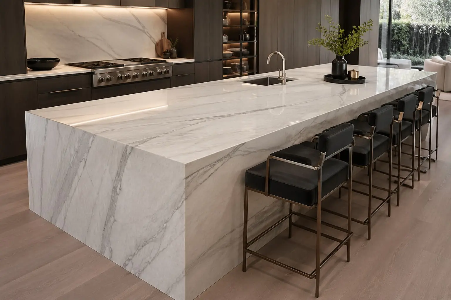 Conceptual rendering of a modern kitchen island with Allure Quartzite waterfall countertop and dark cabinetry