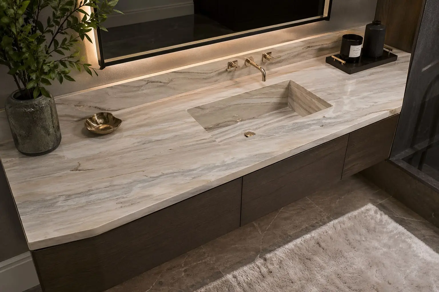 Conceptual rendering of a bathroom vanity with Allure Quartzite countertop