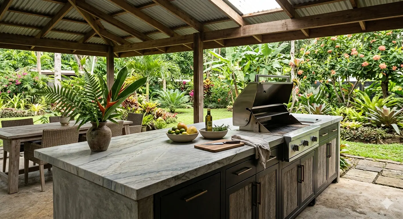 Conceptual rendering of an outdoor kitchen island with Allure Quartzite countertop