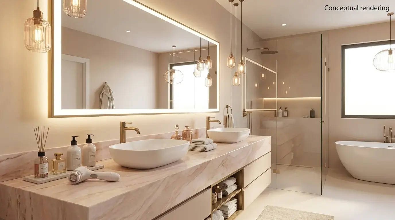 Conceptual rendering of quartzite slab in bathroom vanity