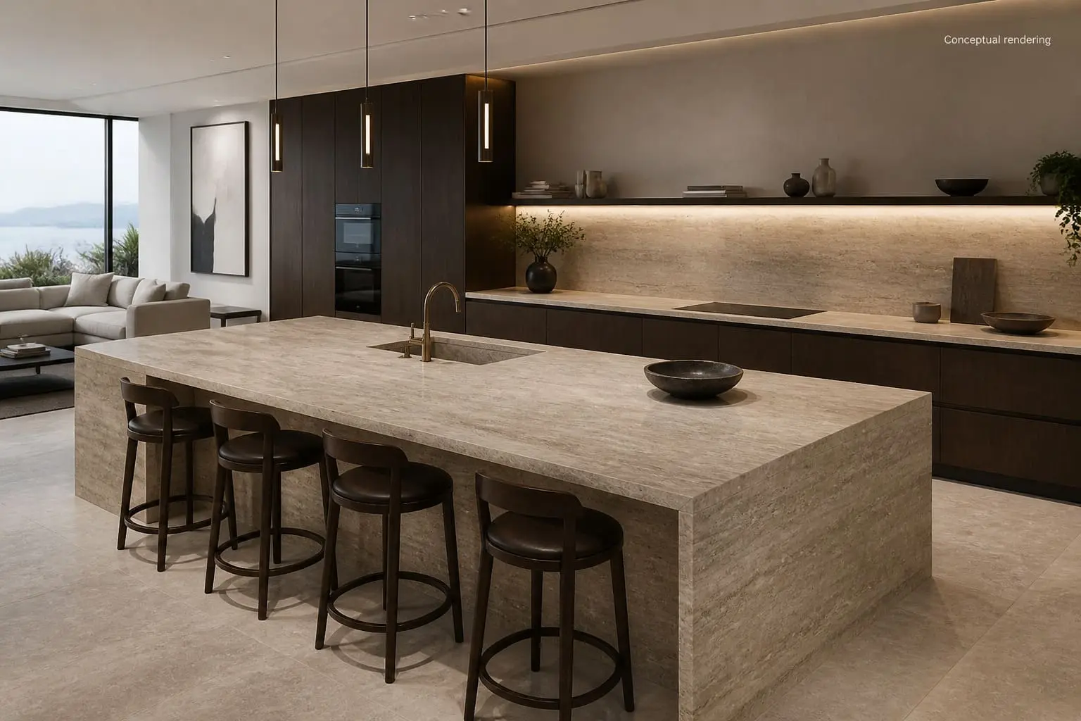 Conceptual rendering of modern luxury kitchen featuring matte travertine countertops with a seamless design and minimalist decor