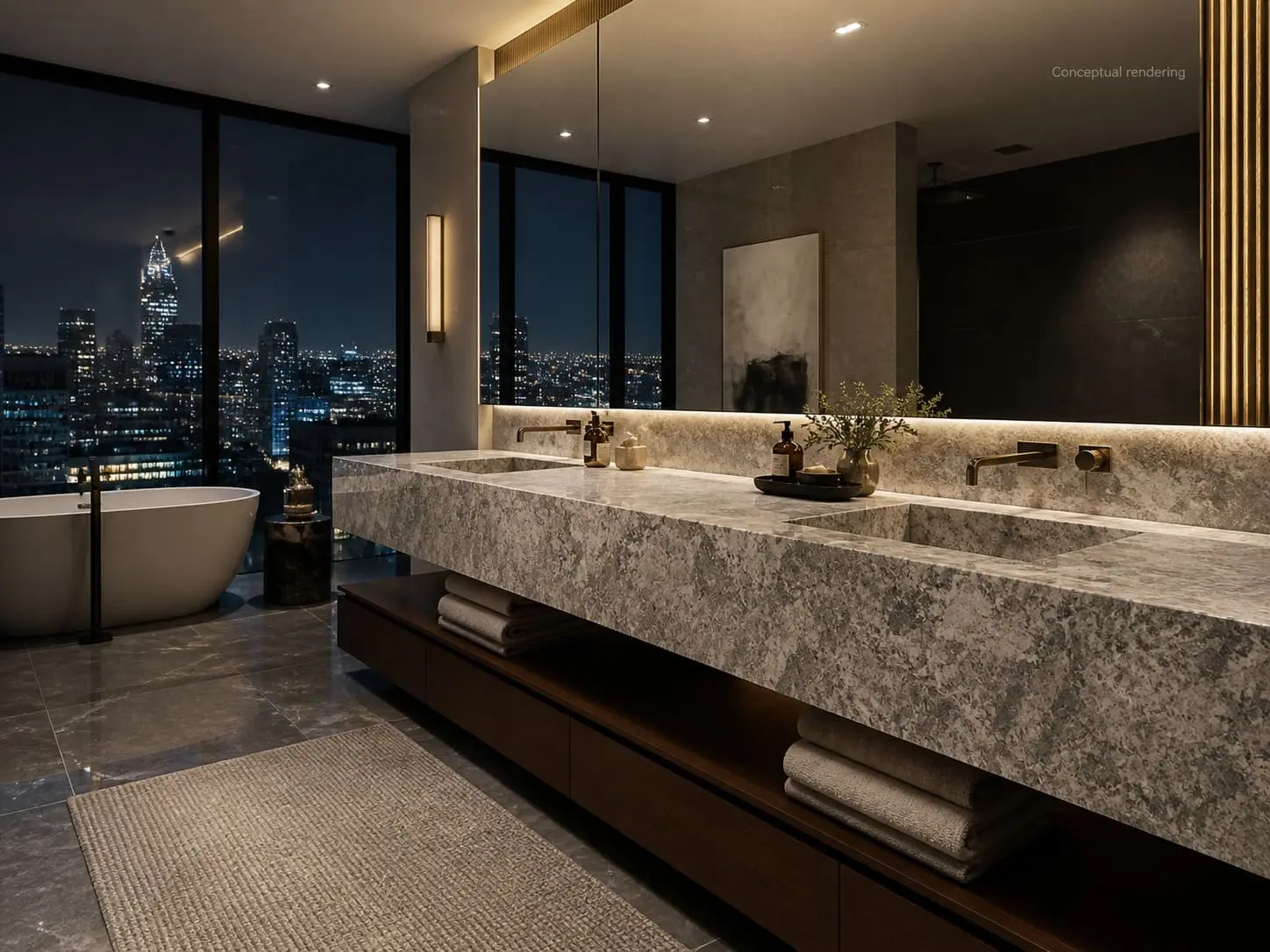 Conceptual rendering of luxury penthouse bathroom with granite remnants countertops