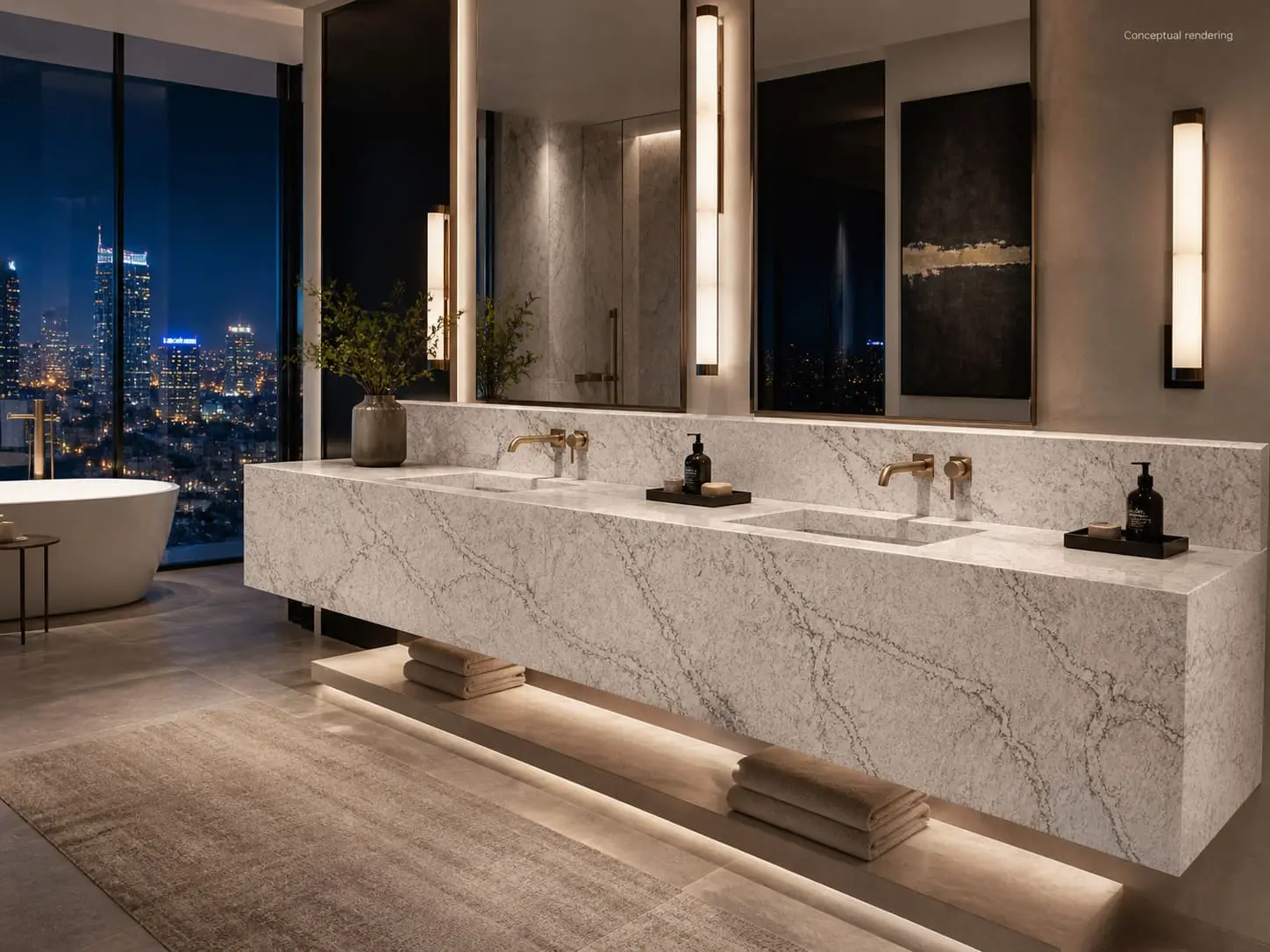 Conceptual rendering of quartz bathroom countertops in a luxury penthouse bathroom at night