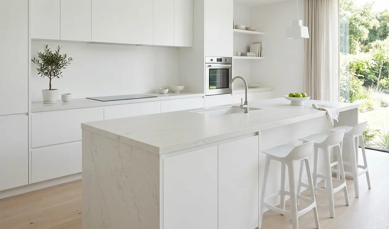Conceptual rendering of matte quartz countertops white marble-look slab on contemporary kitchen island flat-panel cabinetry