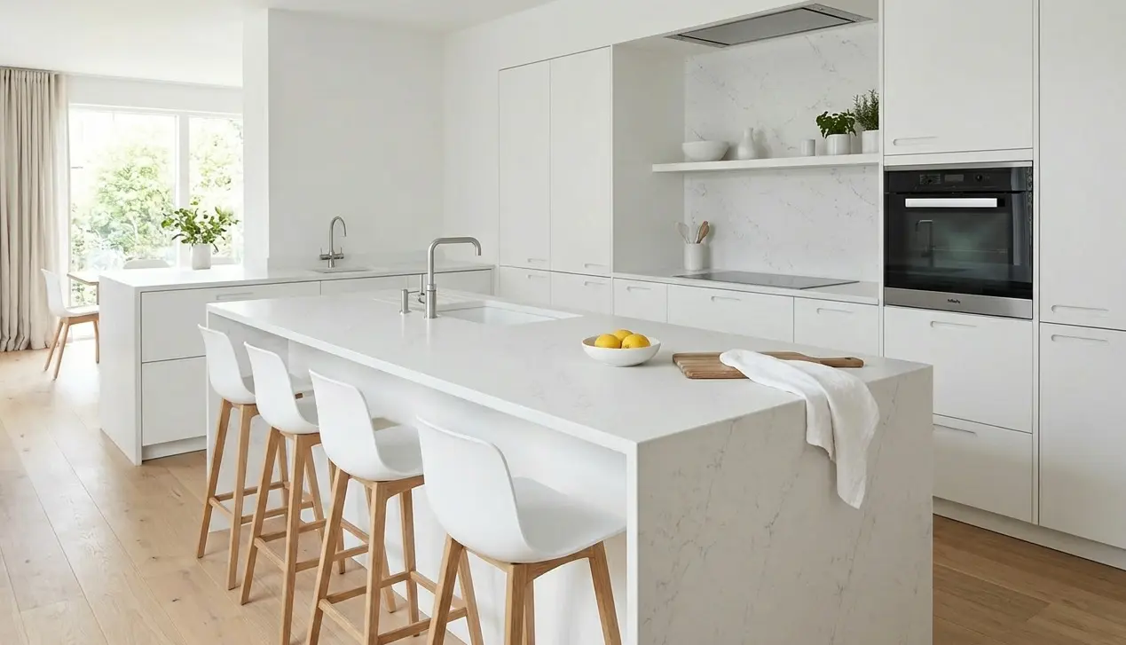 Conceptual rendering of matte quartz countertop and matching backsplash panel seamless modern kitchen layout installation