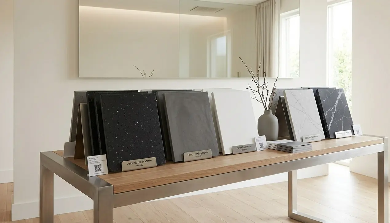 Conceptual rendering of matte quartz countertops color and pattern selection display in tile and stone showroom