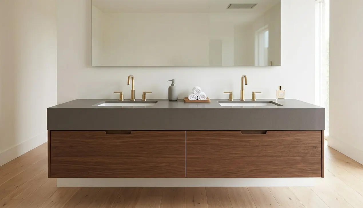 Conceptual rendering of matte quartz bathroom vanity warm gray with brushed gold faucets and dark cabinet