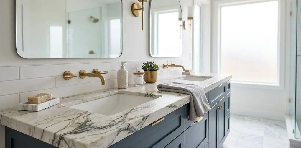 Conceptual rendering of Leathered Bianco Superiore Quartzite in bathroom vanity