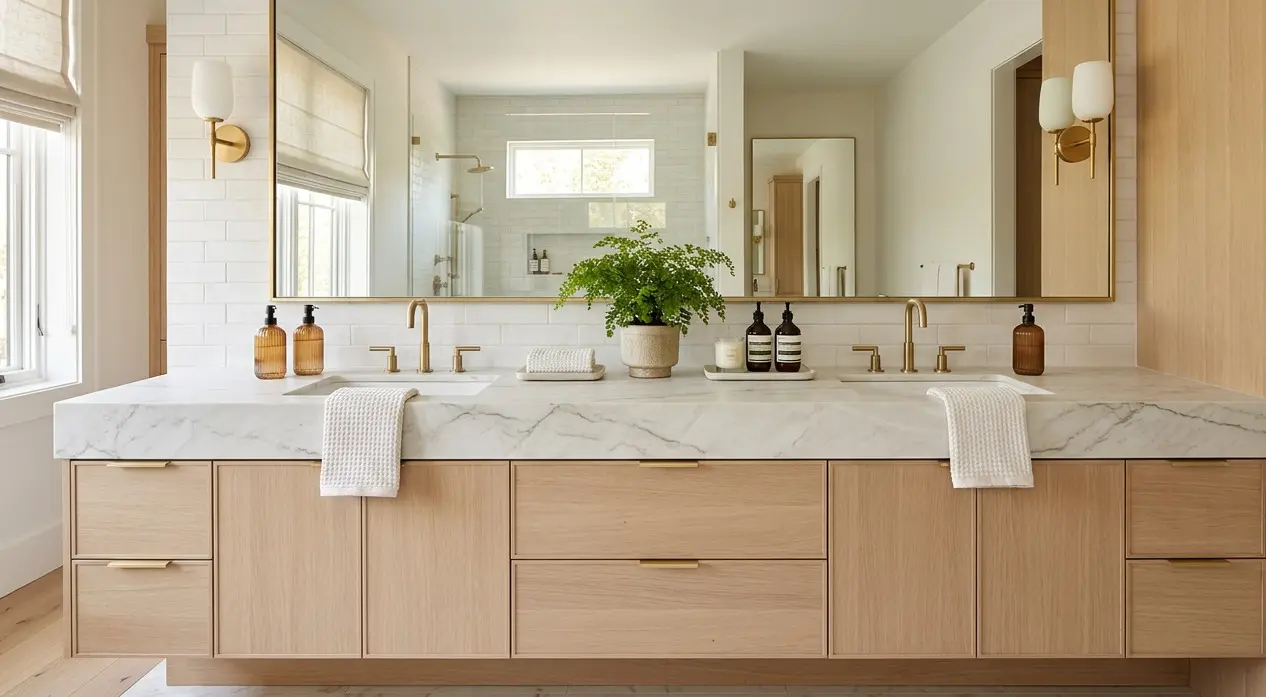 Conceptual rendering of Bianco quartzite slab bathroom vanity with honed matte finish and brushed gold fixtures