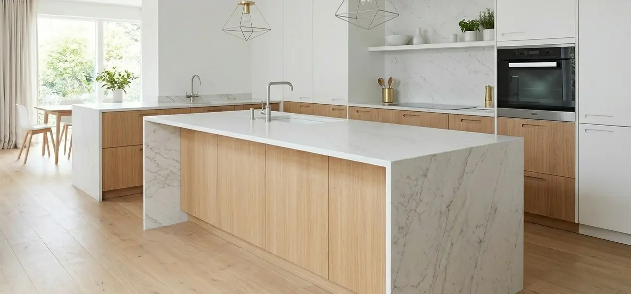 Conceptual rendering of Bianco Quartzite Slab kitchen island waterfall edge with flowing gray veining in modern kitchen