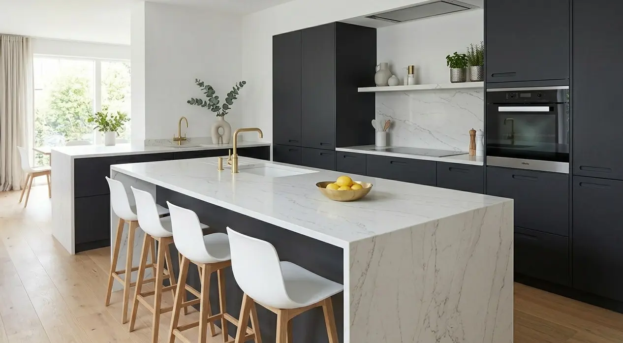 Conceptual rendering of Bianco quartzite slab polished countertop in modern kitchen with dark cabinetry and gold fixtures