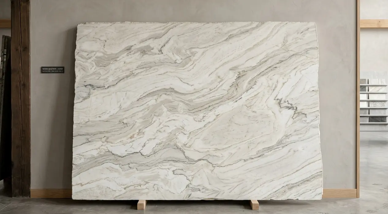 Bianco quartzite slab at Nova Tile and Stone showroom