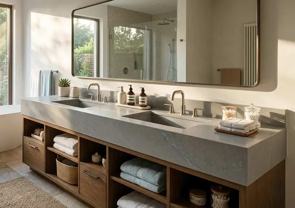 Conceptual rendering of a gray honed quartz bathroom vanity with soft blue accent veining