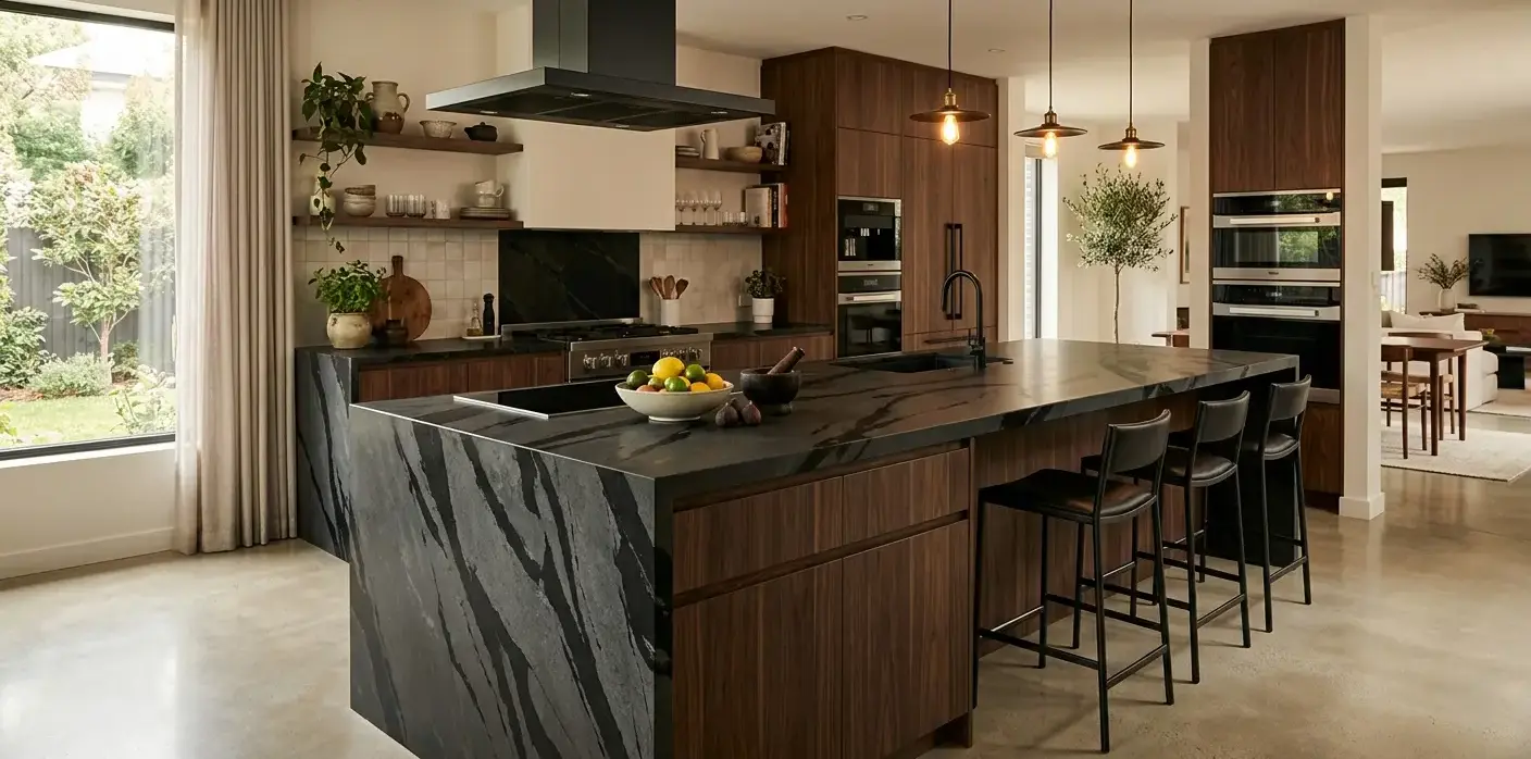 Conceptual rendering of a black honed quartz kitchen island with bold black veining and matte finish