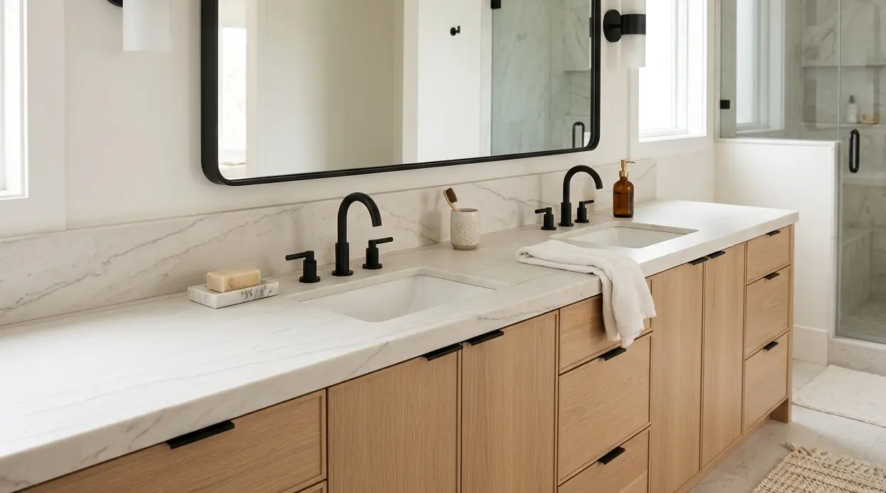 Conceptual rendering of honed Bianco Superiore quartzite bathroom vanity with matte white surface and brushed gold fixtures