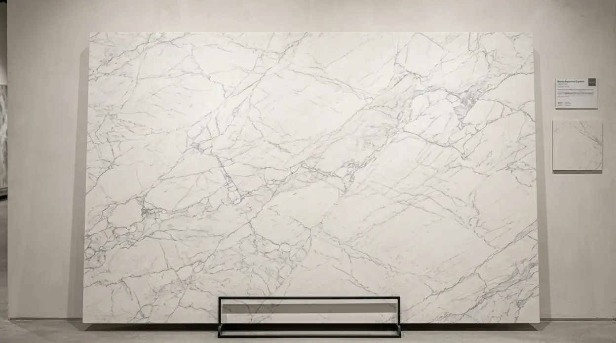 Conceptual rendering of honed Bianco Superiore Quartzite full slab at showroom scale showing matte finish and white palette