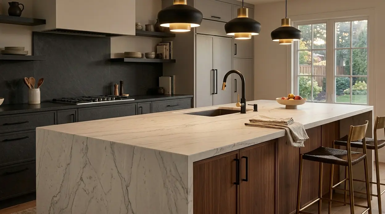 Conceptual rendering of honed Bianco Superiore quartzite kitchen island waterfall edge with matte finish and silver-gray veining
