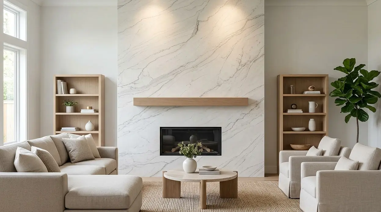 Conceptual rendering of honed Bianco Superiore quartzite fireplace surround with matte white natural stone in a modern room