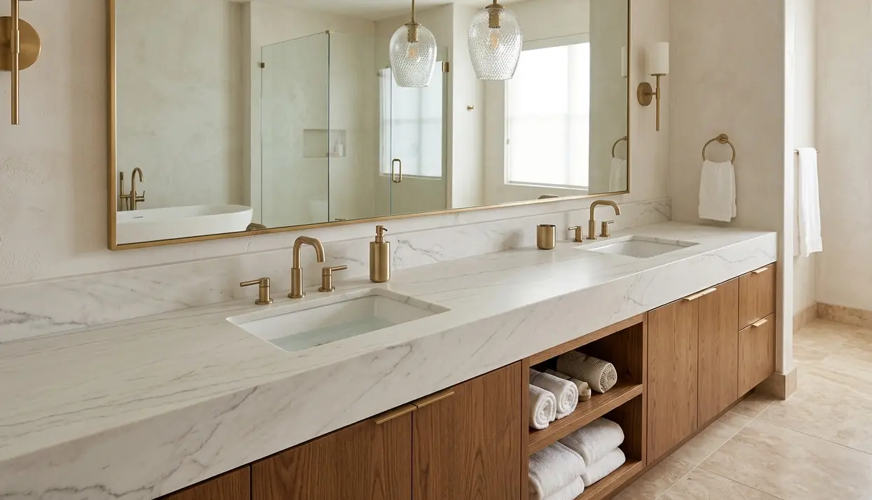 Conceptual rendering of Bianco Superiore quartzite bathroom vanity with soft white matte finish and brushed gold fixtures