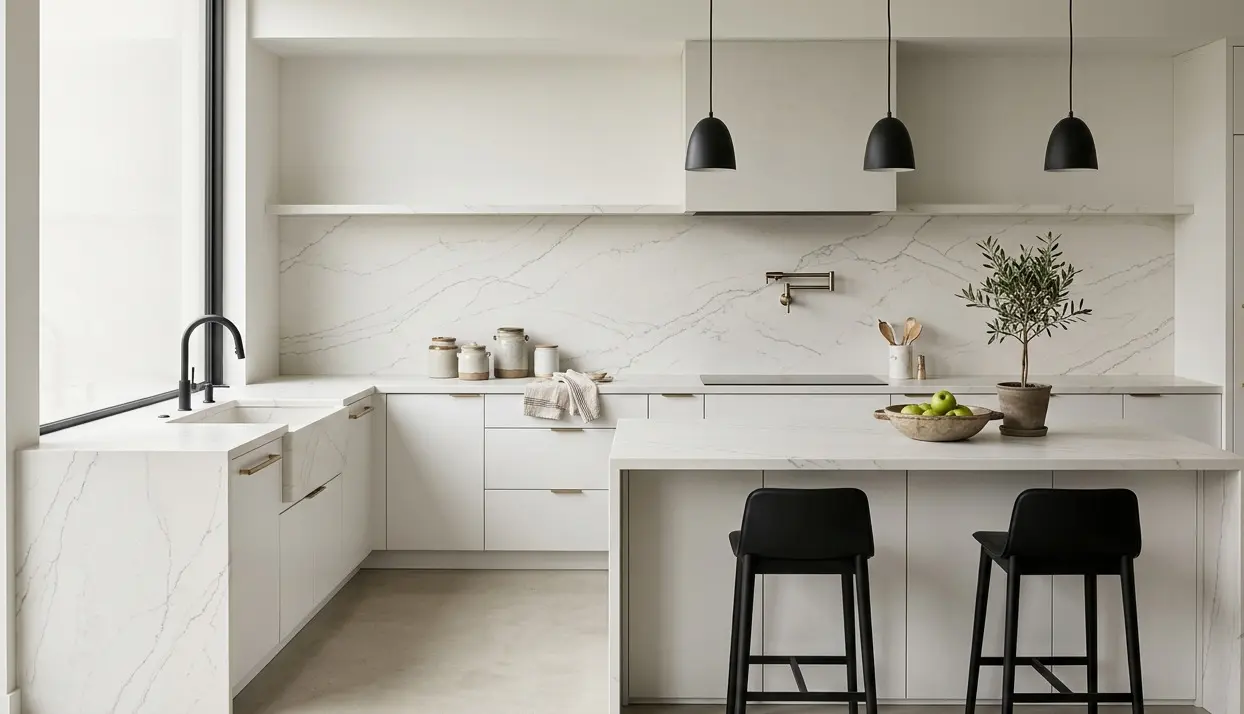Conceptual rendering of Matte Bianco Superiore quartzite countertop with soft white base in a refined modern kitchen