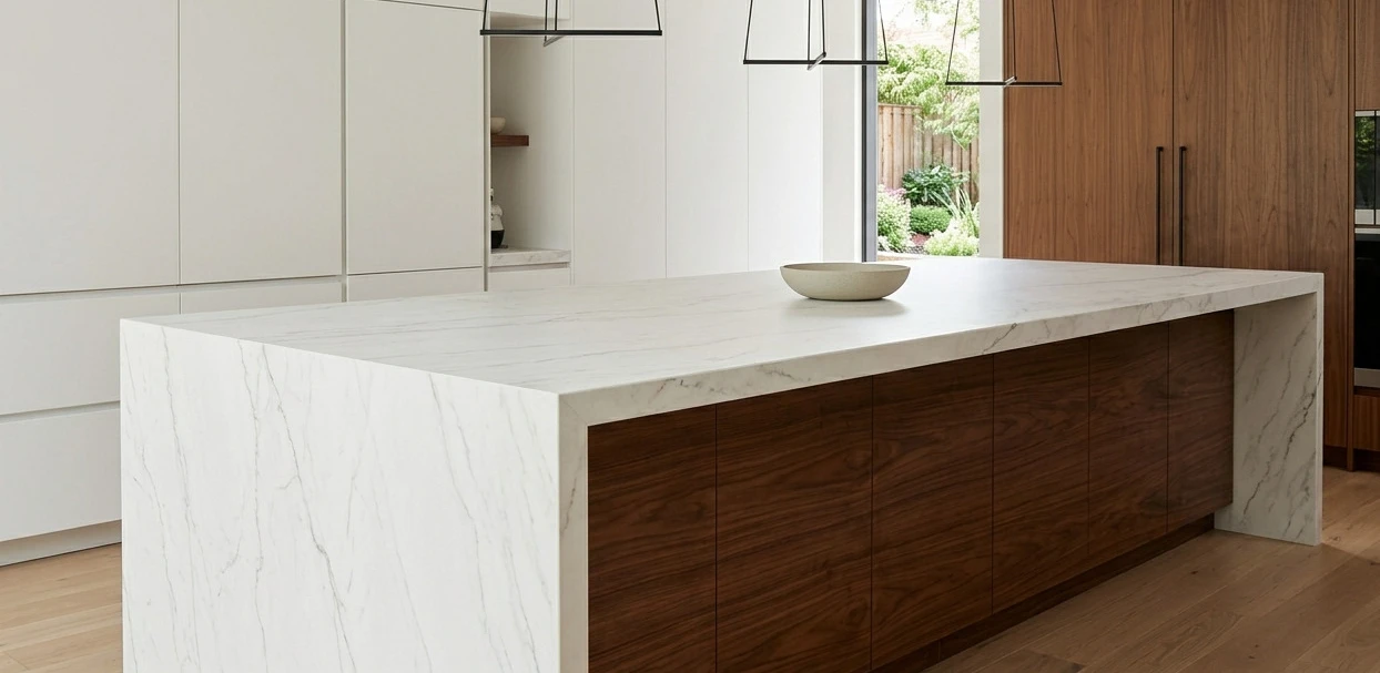 Conceptual rendering of matte Bianco Superiore quartzite kitchen island waterfall with continuous white veining and matte finish