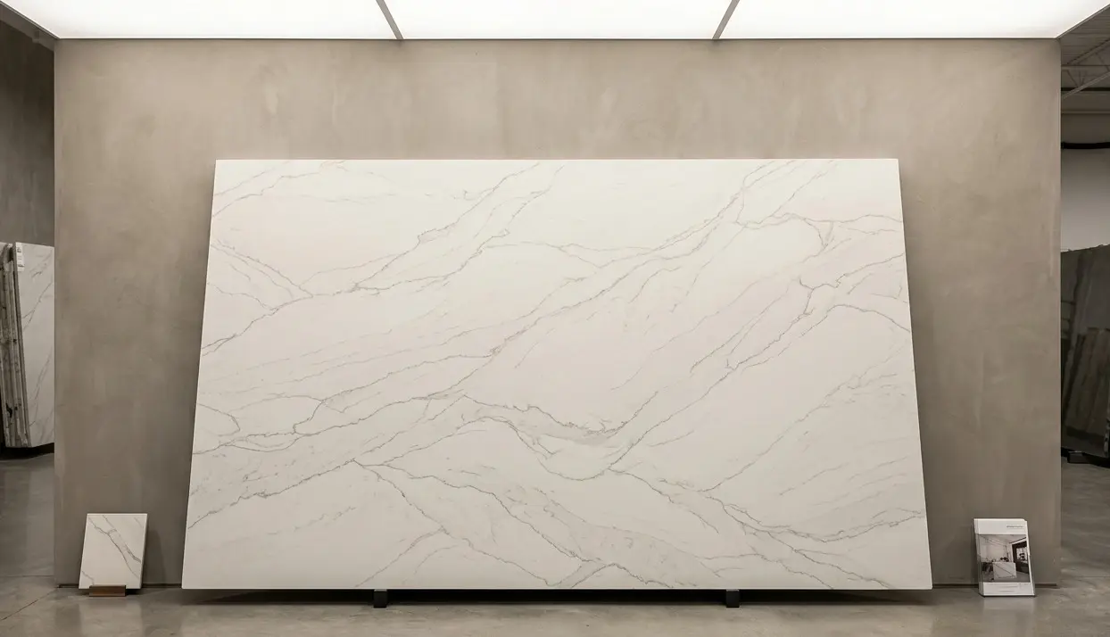 Conceptual rendering of Matte Bianco Superiore Quartzite full slab at showroom scale showing white palette and matte surface