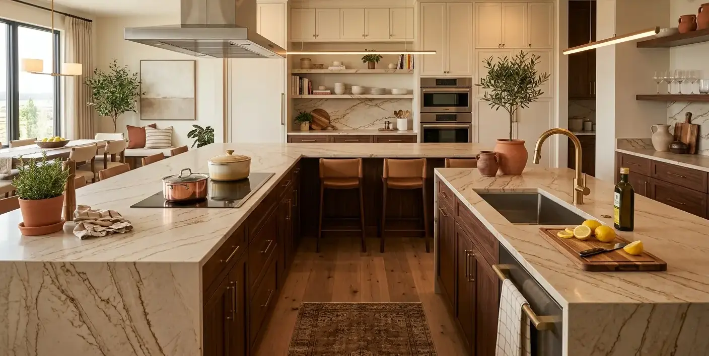 Conceptual rendering of a beige honed quartz countertop with warm brown and gold vein patterns