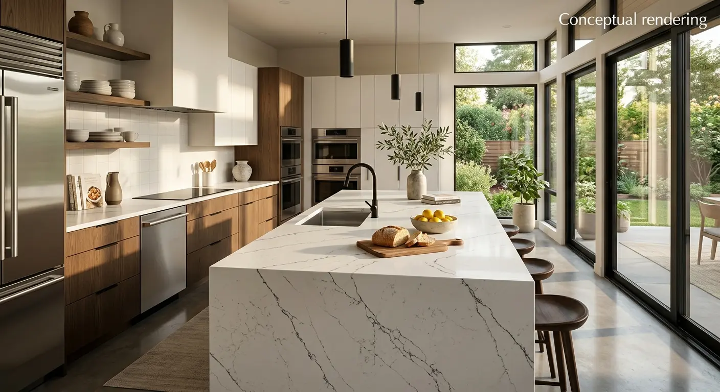 Conceptual rendering of a white honed quartz countertop with dark charcoal veins in a modern kitchen setting