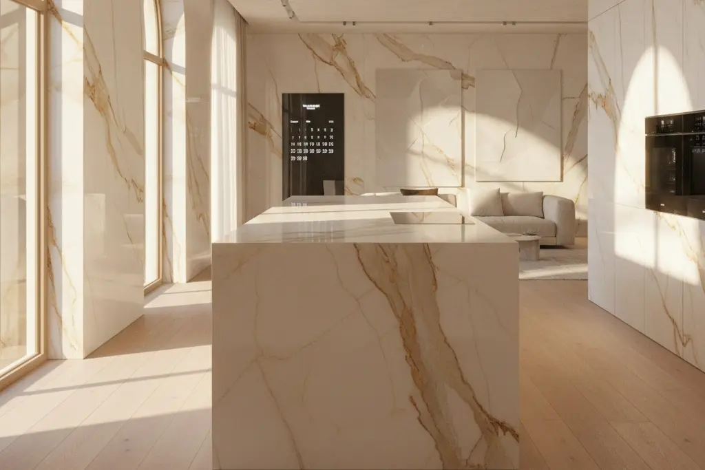 Conceptual rendering of polished porcelain countertop in a modern interior