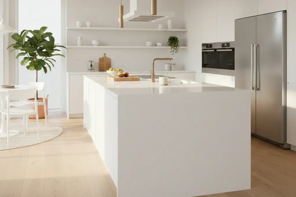 Conceptual rendering of polished porcelain countertop kitchen island
