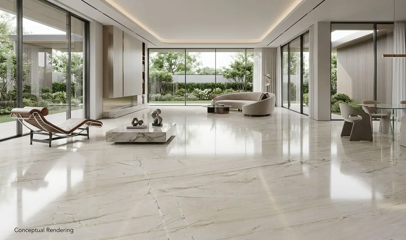 Conceptual rendering of modern interior with expansive Bianco Superiore quartzite flooring made from a single, seamless slab