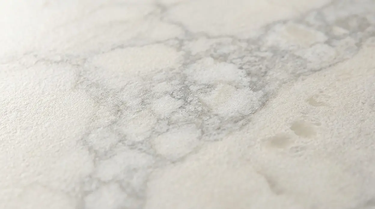 Conceptual rendering of honed Bianco Superiore Quartzite close-up showing smooth matte finish with refined silver-gray veining