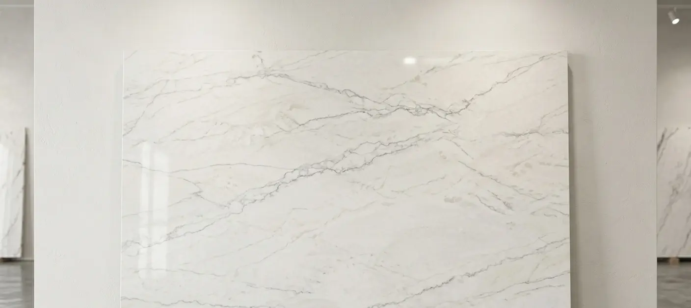 Conceptual rendering of Bianco Superiore quartzite countertops full slab at showroom scale showing white palette and veining