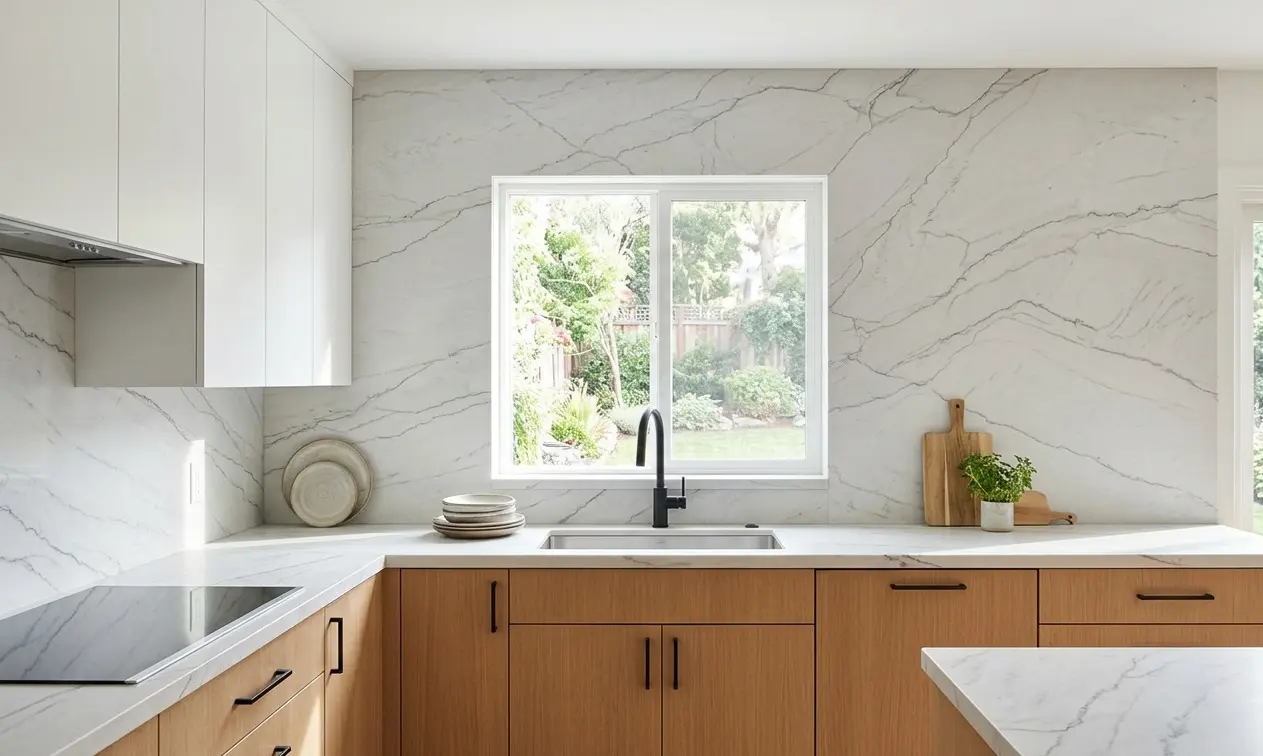 Conceptual rendering of Bianco Superiore Quartzite countertops with full-height matching backsplash panel in a modern white kitchen