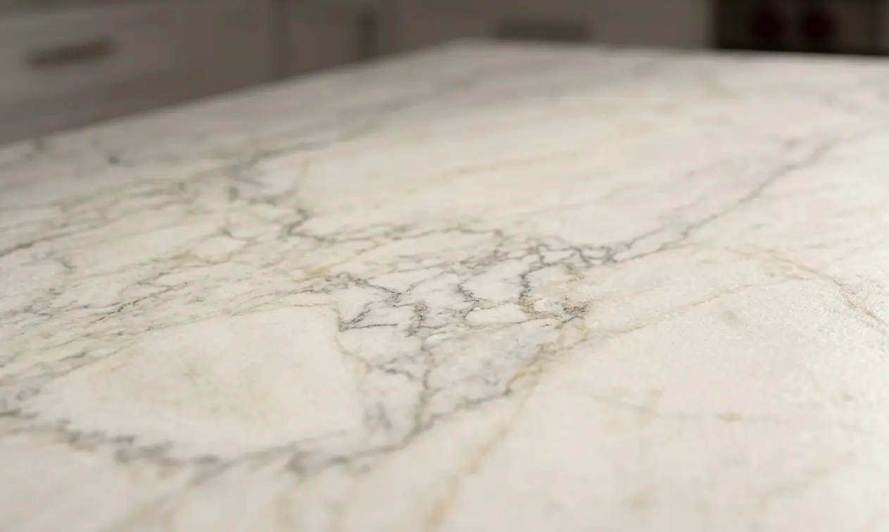 Conceptual rendering of Bianco Superiore quartzite countertops close-up showing refined white base with soft silver-gray veining