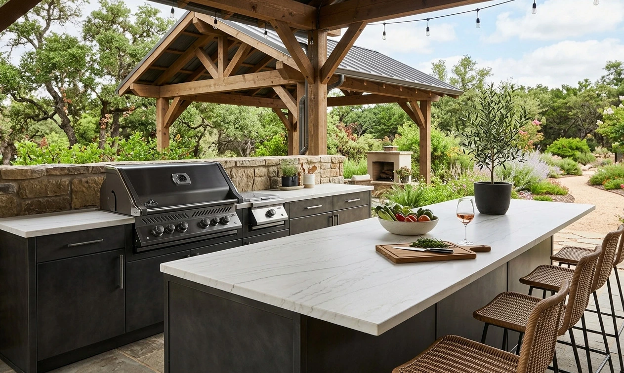Conceptual rendering of Bianco Superiore Quartzite countertops on a covered outdoor kitchen with honed finish and natural stone