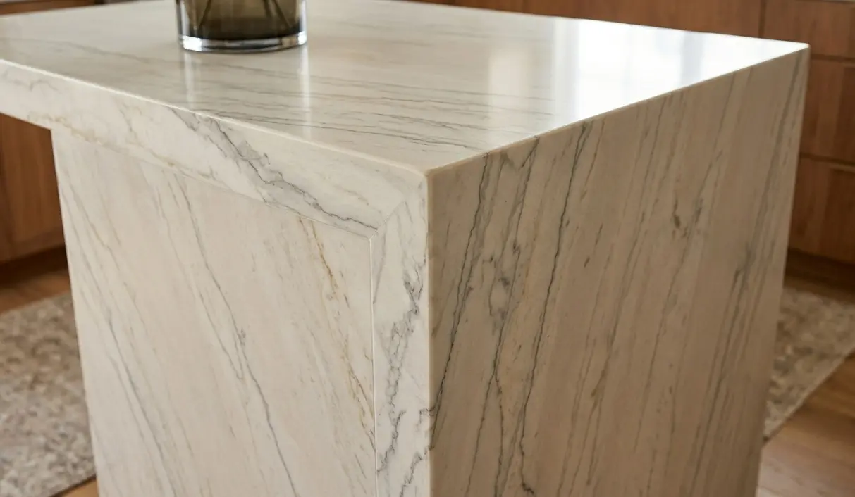 Conceptual rendering of Bianco Superiore quartzite kitchen island waterfall edge with continuous white veining on all slab faces