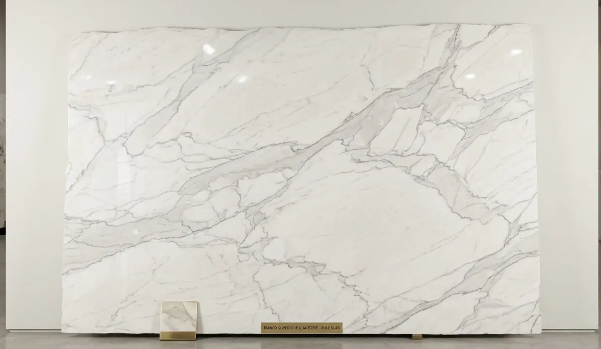 Conceptual rendering of Bianco Superiore quartzite kitchen island full slab showing white palette and silver-gray veining at scale