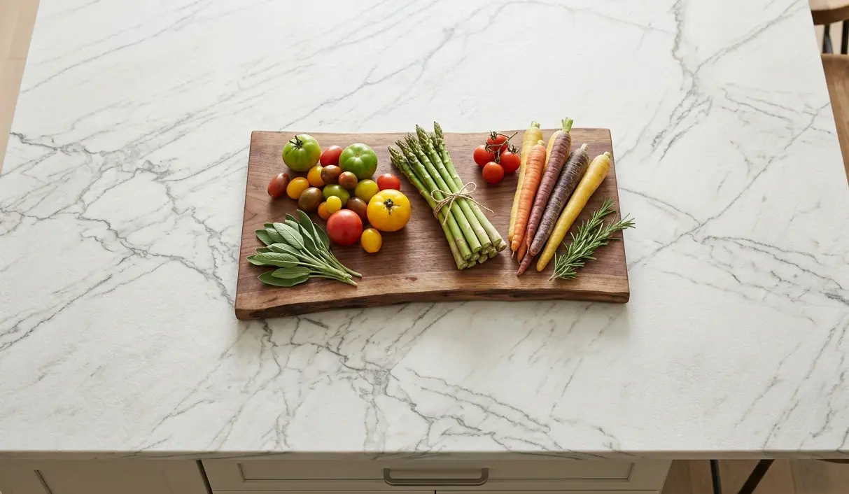 Conceptual rendering of Bianco Superiore quartzite kitchen island prep zone with white natural stone surface and silver veining