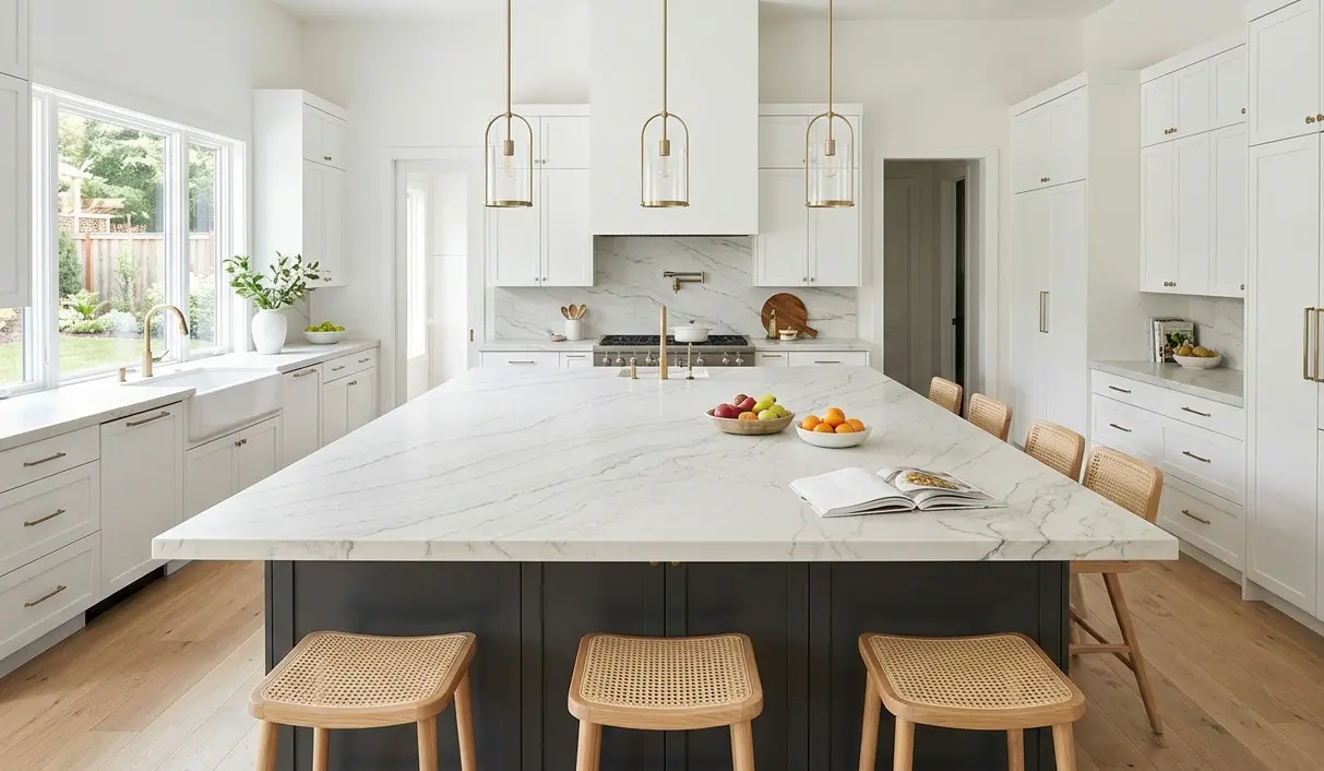 Conceptual rendering of Bianco Superiore quartzite kitchen island with white veined stone as a modern kitchen focal point